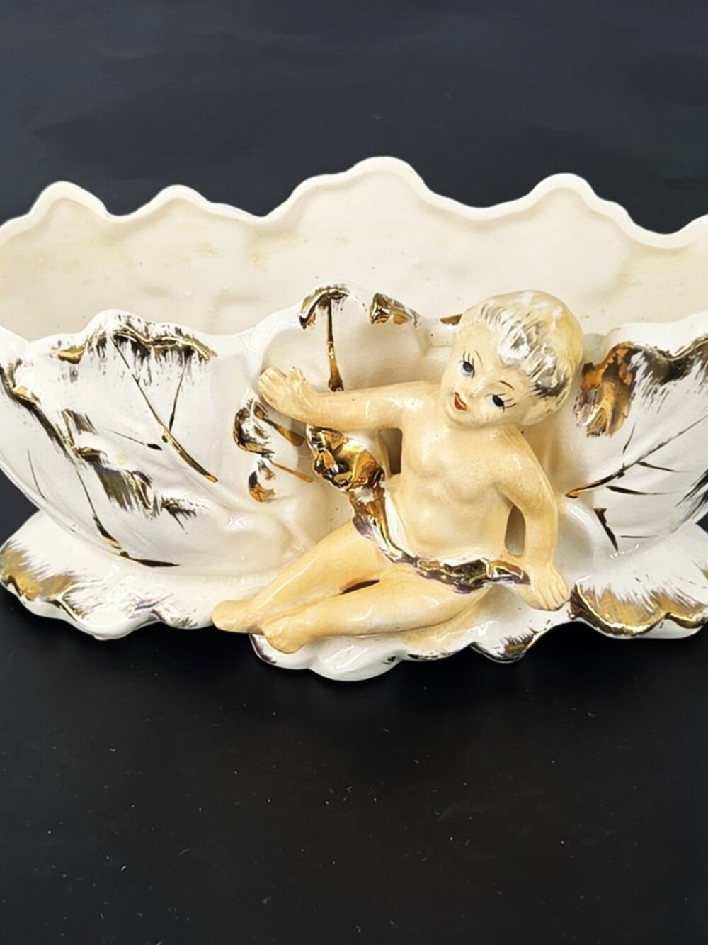 Royal Sealy VTG Cherub Gold Rim Leaf Design Regency Dish/Planter 8"L. Japan